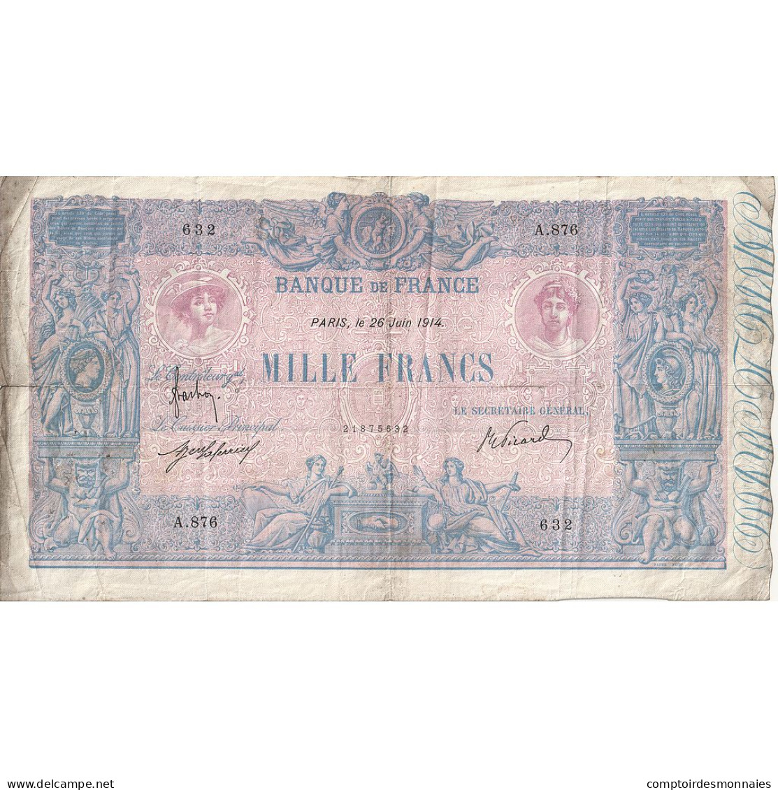 France, 1000 Francs, Bleu Et Rose, 1914, A.876, TB, Fayette:36.28, KM:67g - 1 000 F 1889-1926 ''Bleu Et Rose''