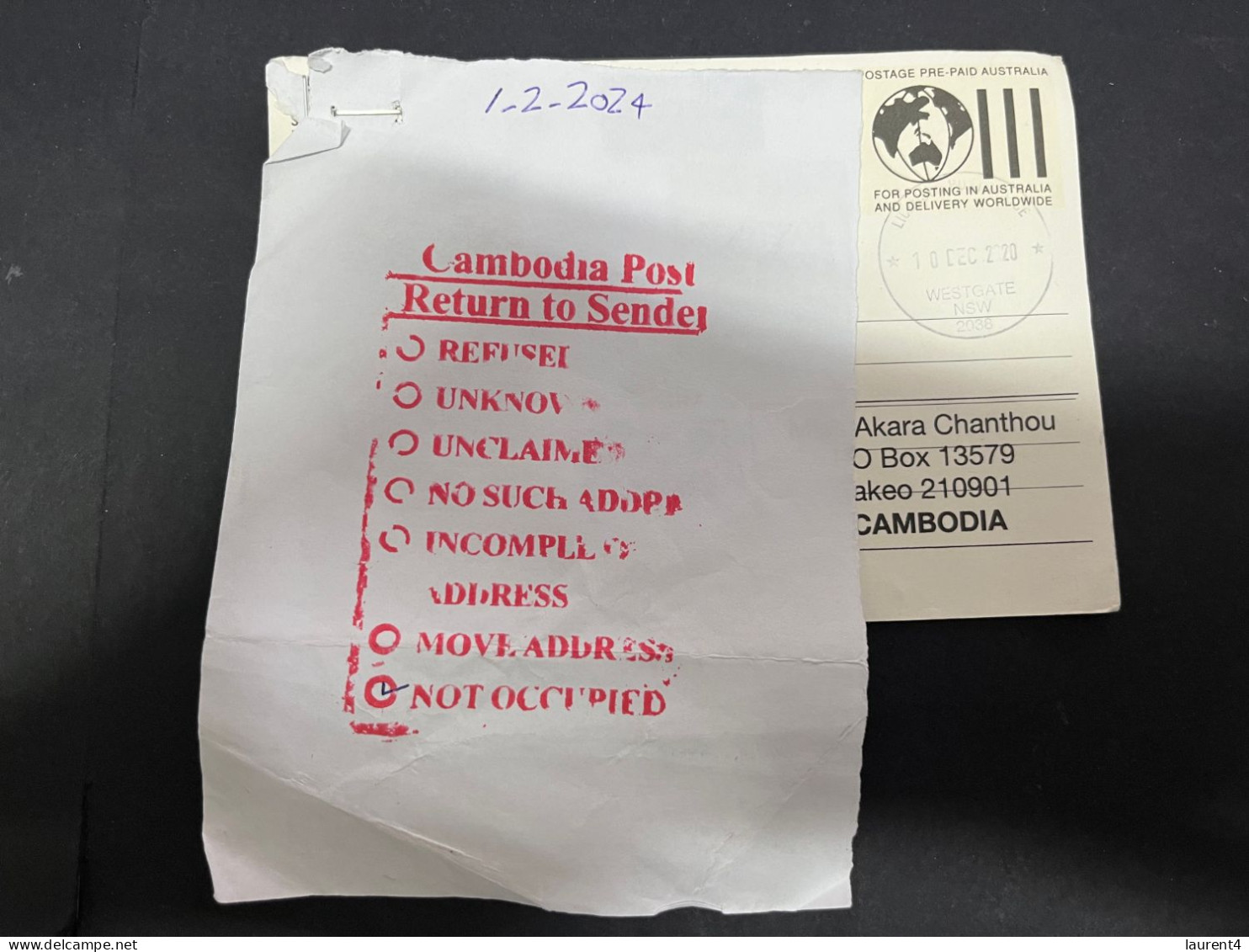 4-2-2024 (3 X 19) Maxicard Posted To Cambodia (Dec 2020) RTS To Sydney (1-2-2024) (many Years Later...) - Cartes-Maximum (CM)
