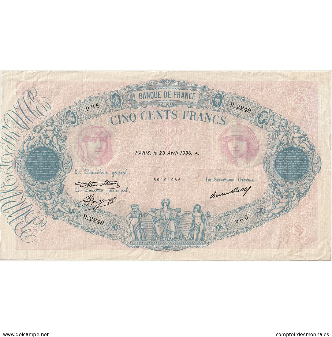 France, 500 Francs, Bleu Et Rose, 1936, R.2248, TTB+, Fayette:30.37, KM:66m - 500 F 1888-1940 ''Bleu Et Rose''