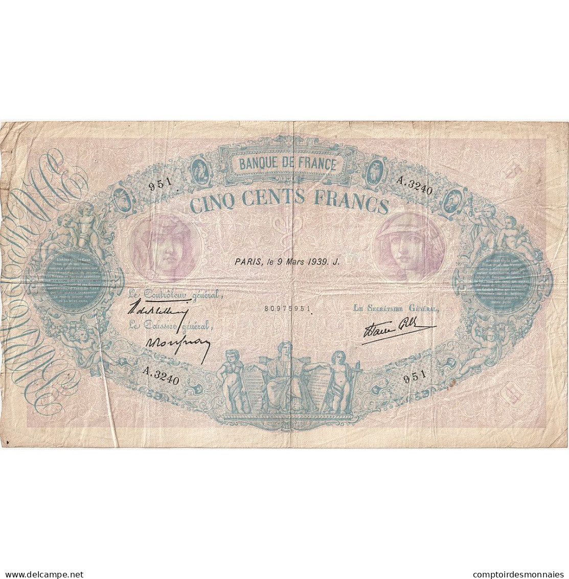 France, 500 Francs, Bleu Et Rose, 1939, A.3240, TB, Fayette:31.26, KM:88c - 500 F 1888-1940 ''Bleu Et Rose''