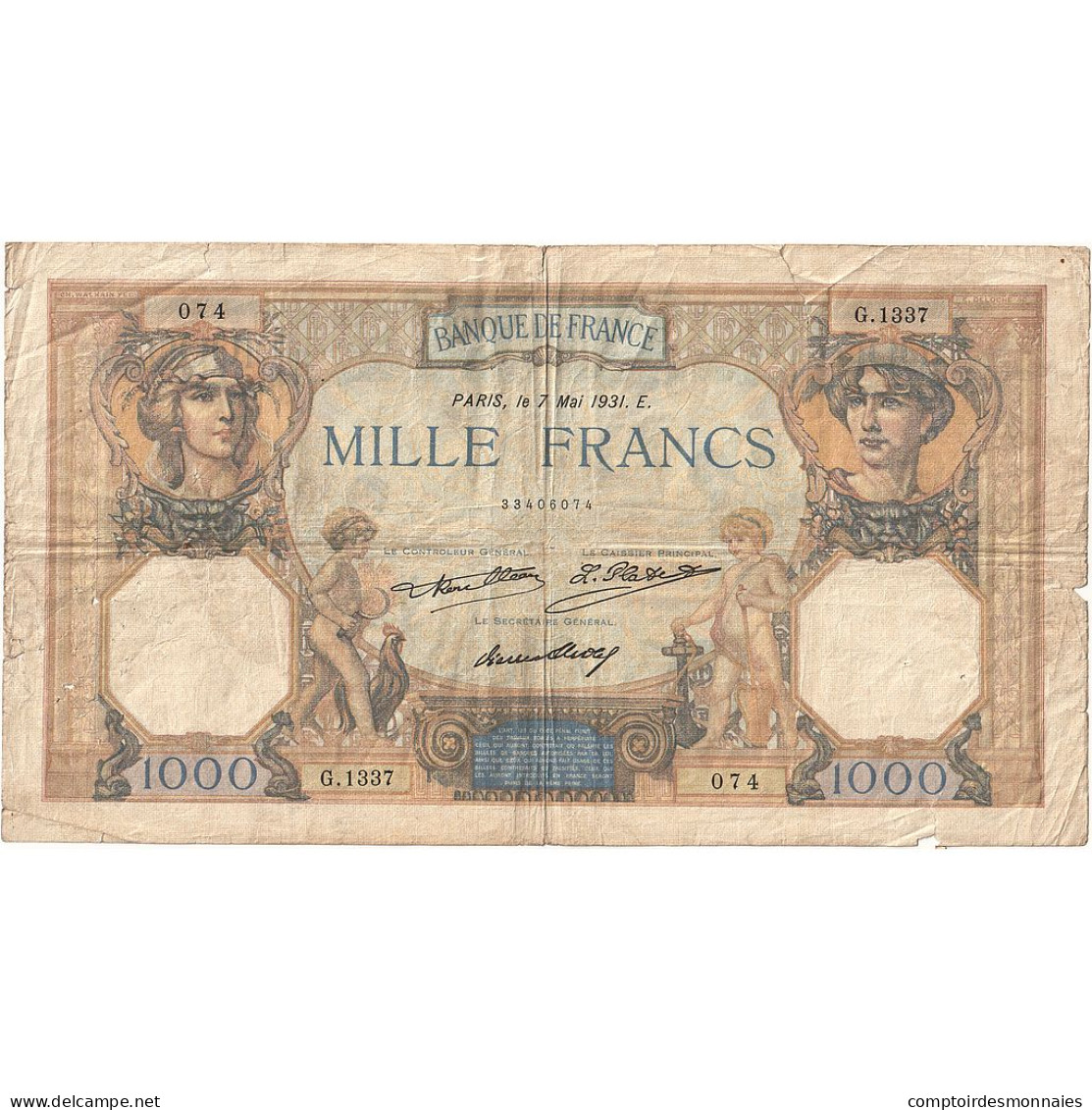 France, 1000 Francs, Cérès Et Mercure, 1931, G.1337, B+, Fayette:37.06, KM:79b - 1 000 F 1927-1940 ''Cérès Et Mercure''