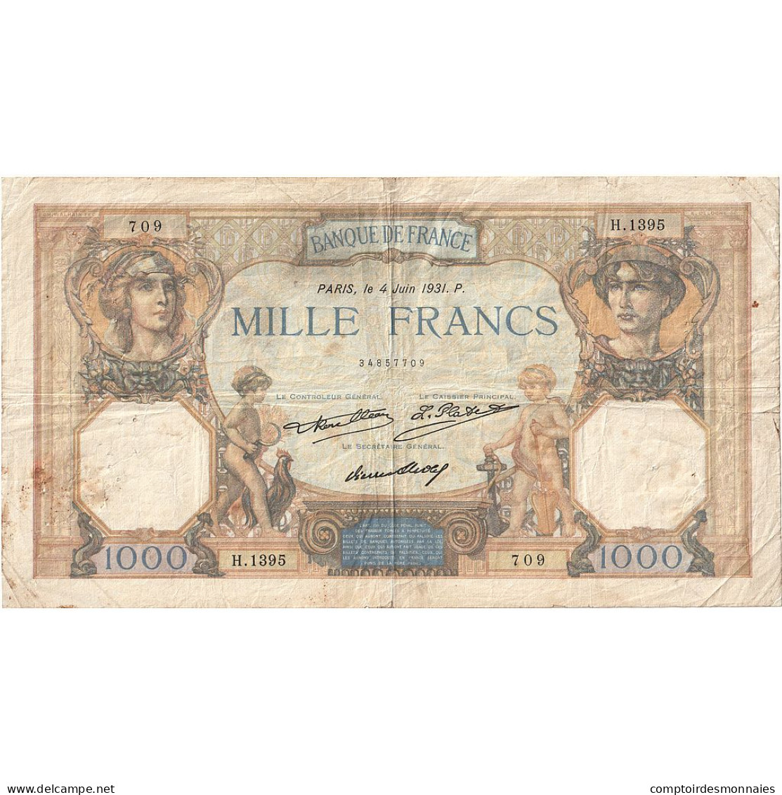 France, 1000 Francs, Cérès Et Mercure, 1931, H.1395, TB, Fayette:37.06, KM:79b - 1 000 F 1927-1940 ''Cérès Et Mercure''