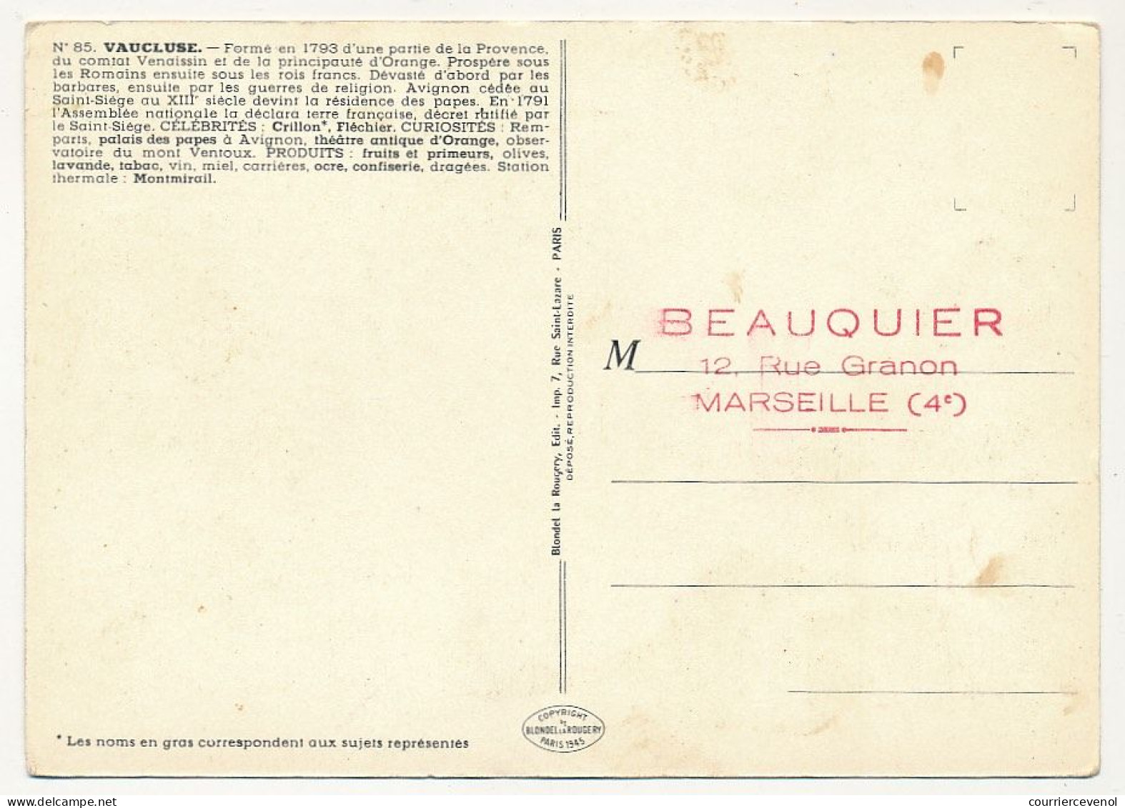 CPSM - VAUCLUSE - Carte Du Département De Vaucluse - Blondel La Rougery édit. - 1945 - Autres & Non Classés