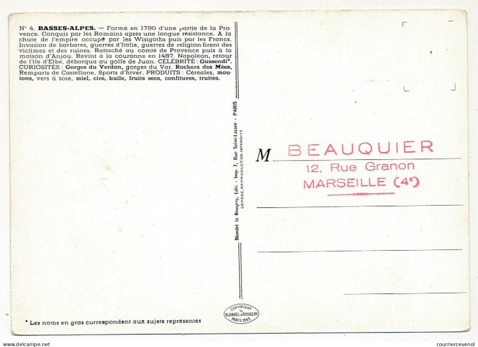 BASSES ALPES - Carte Du Département Des Basses Alpes - Blondel La Rougery édit. - 1945 - Autres & Non Classés