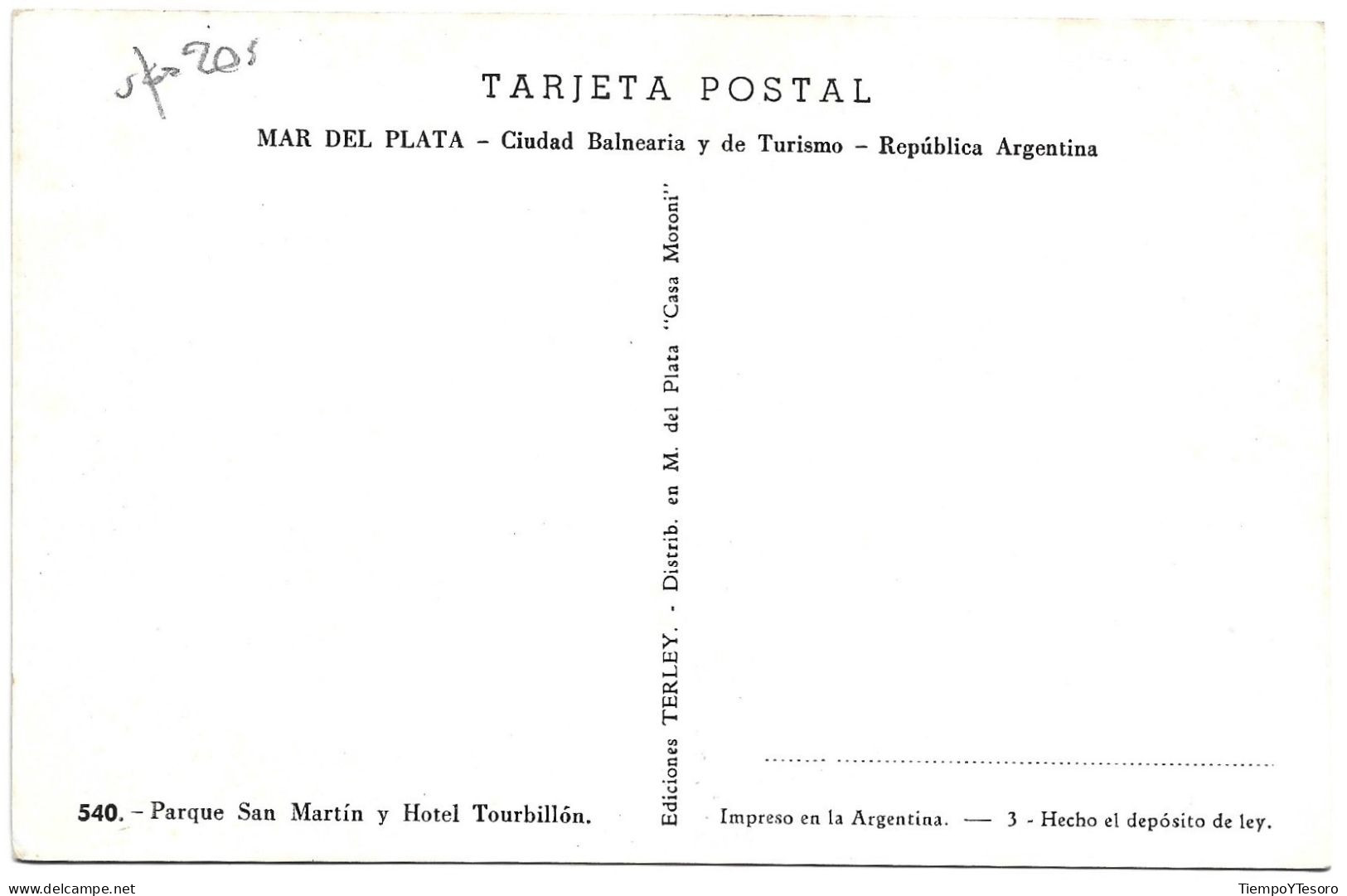 Postcard - Argentina, Mar Del Plata, San Martín Park And Tourbillón Hotel, N°584 - Argentine