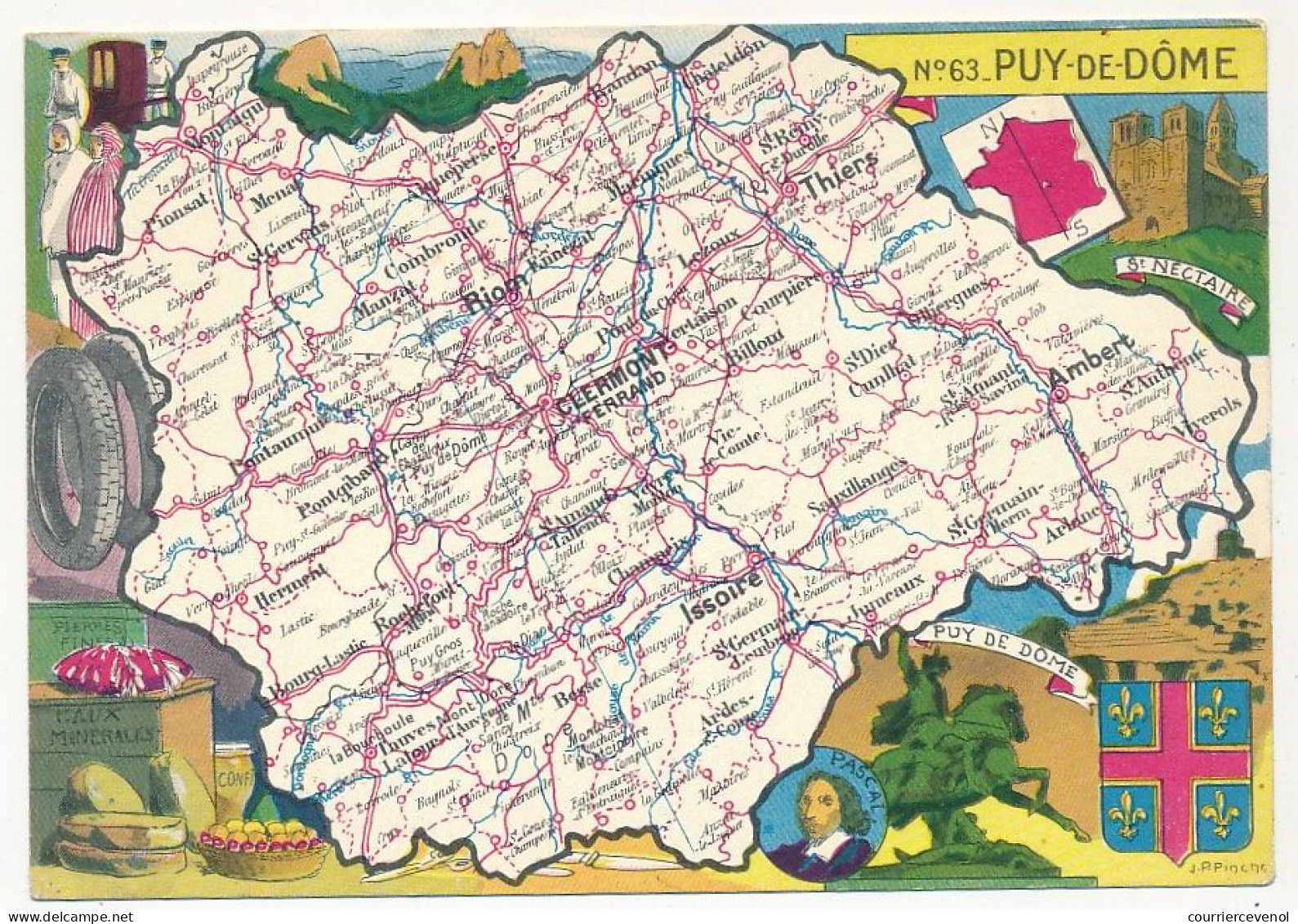 CPSM - PUY DE DÔME  - Carte Du Département Du Puy-de-Döme - Blondel La Rougery édit. - 1945 - Autres & Non Classés