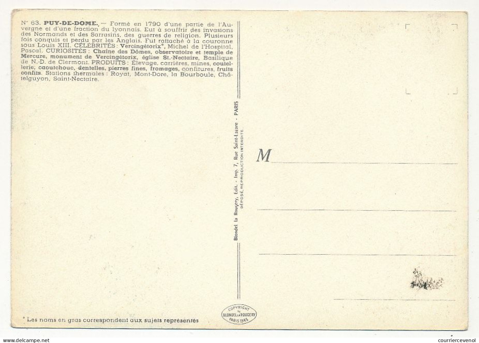CPSM - PUY DE DÔME  - Carte Du Département Du Puy-de-Döme - Blondel La Rougery édit. - 1945 - Autres & Non Classés