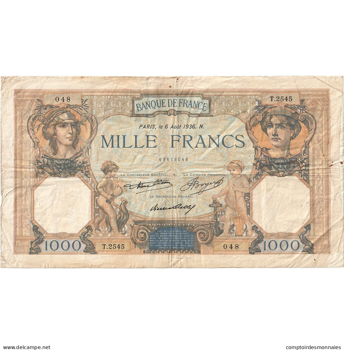 France, 1000 Francs, Cérès Et Mercure, 1936, T.2545, TTB, Fayette:37.9, KM:79c - 1 000 F 1927-1940 ''Cérès Et Mercure''