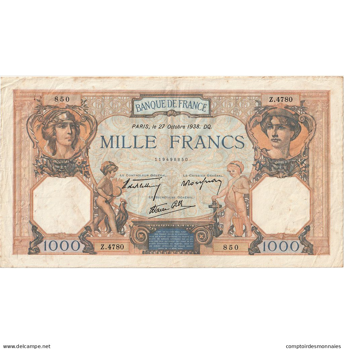 France, 1000 Francs, Cérès Et Mercure, 1938, S.4780, TTB+, Fayette:38.31 - 1 000 F 1927-1940 ''Cérès Et Mercure''