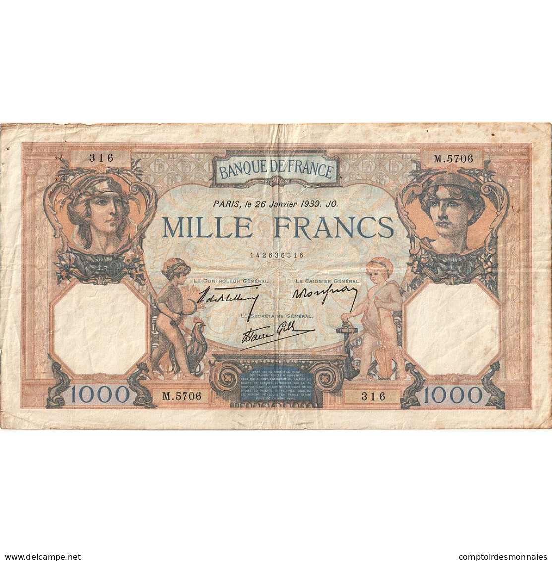 France, 1000 Francs, Cérès Et Mercure, 1939, M.5706, TTB, Fayette:38.33 - 1 000 F 1927-1940 ''Cérès Et Mercure''