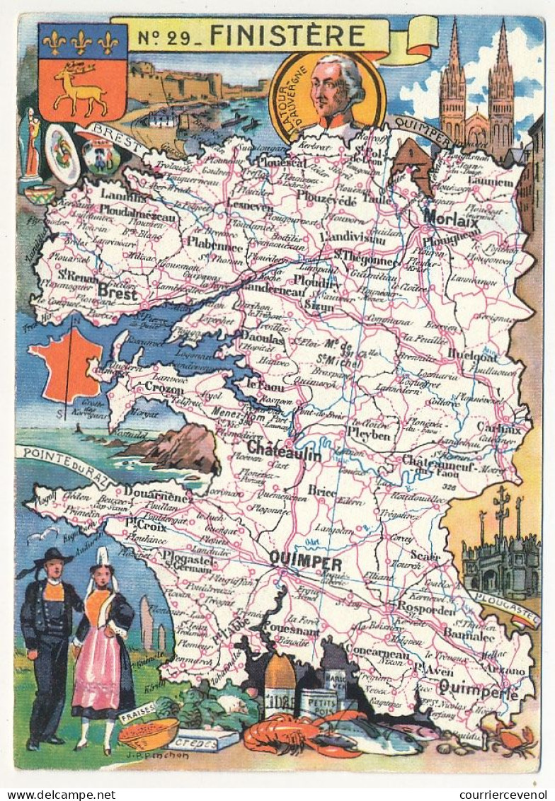 CPSM - FINISTÈRE  - Carte Du Département De Finistère - Blondel La Rougery édit. - 1945 - Sonstige & Ohne Zuordnung