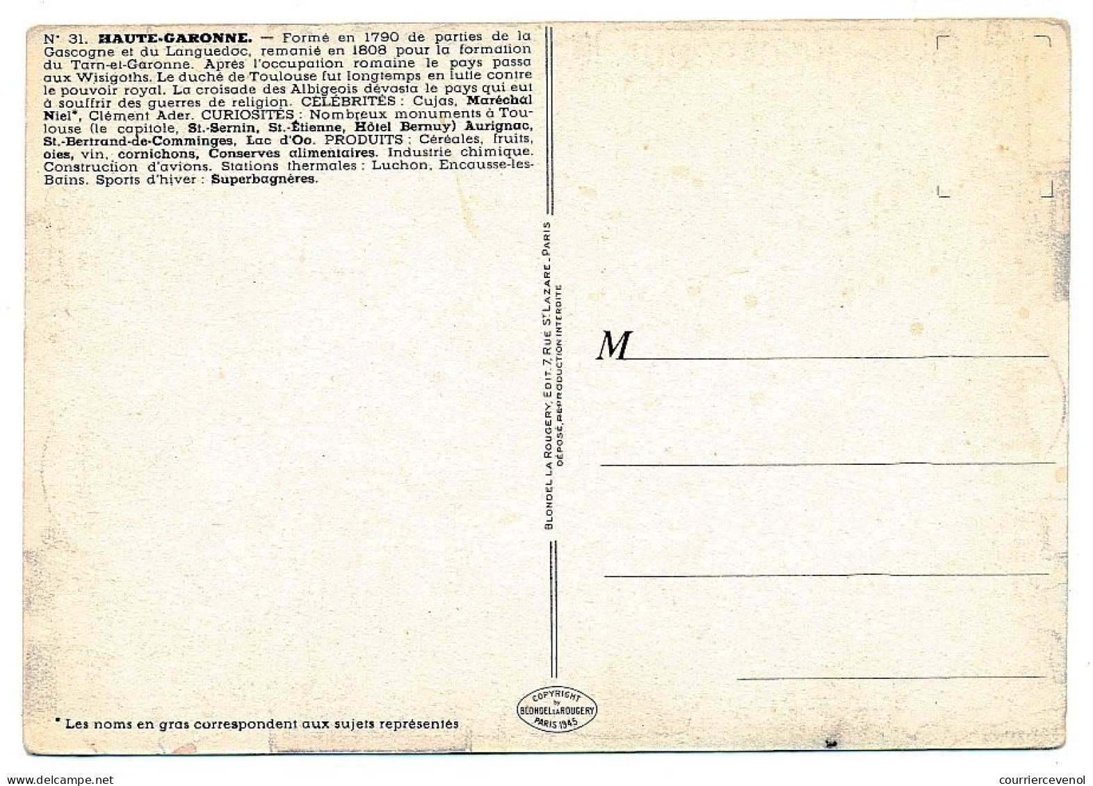 CPSM - HAUTE-GARONNE  - Carte Du Département De Haute-Garonne - Blondel La Rougery édit. - 1945 - Autres & Non Classés