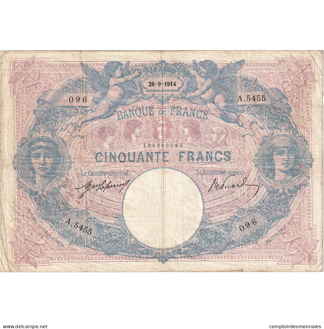 France, 50 Francs, Bleu Et Rose, 1914, A.5455, TTB, Fayette:14.27, KM:64e - 50 F 1889-1927 ''Bleu Et Rose''