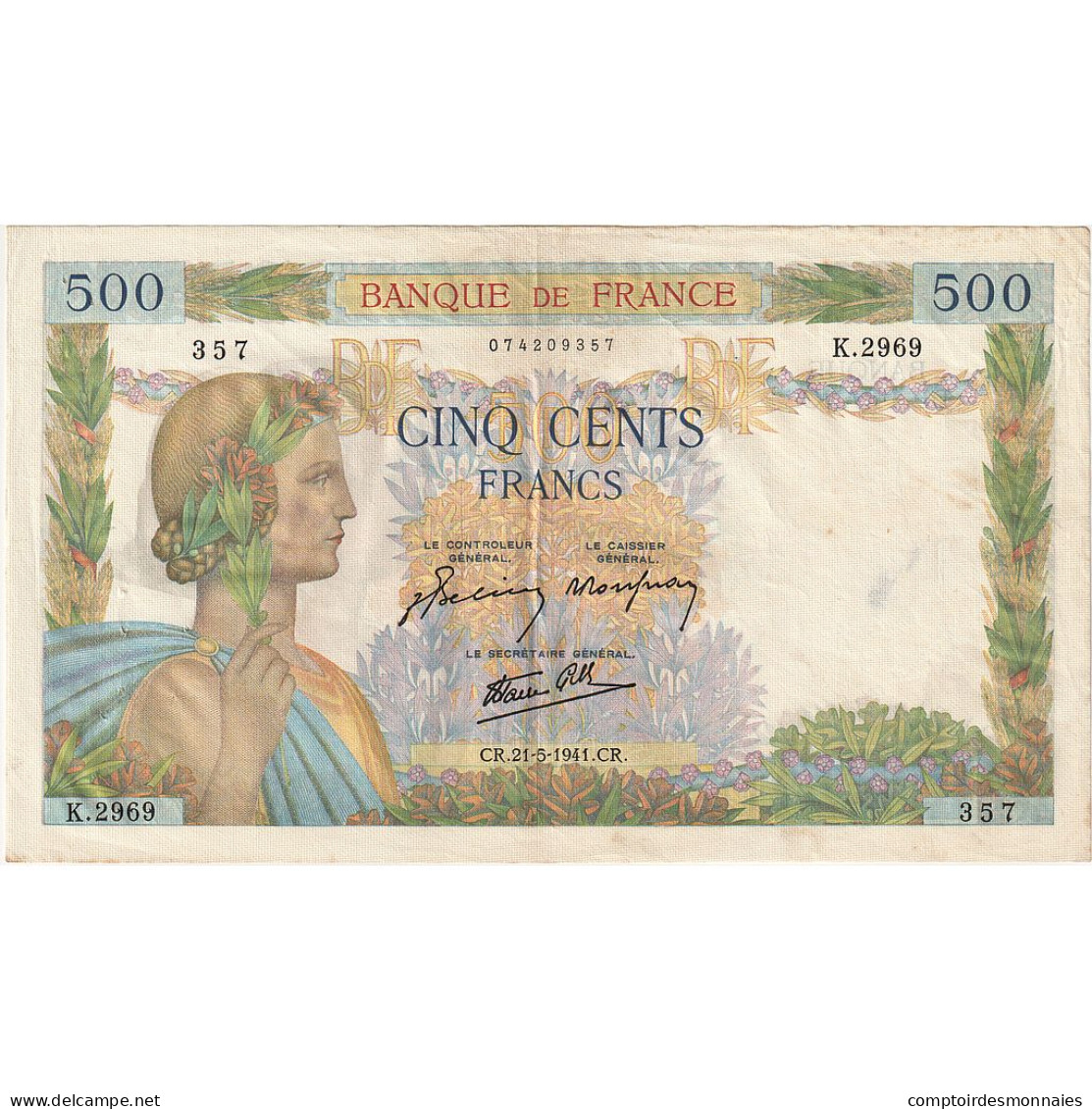 France, 500 Francs, La Paix, 1941, K.2969, TTB, Fayette:32.17, KM:95b - 500 F 1940-1944 ''La Paix''