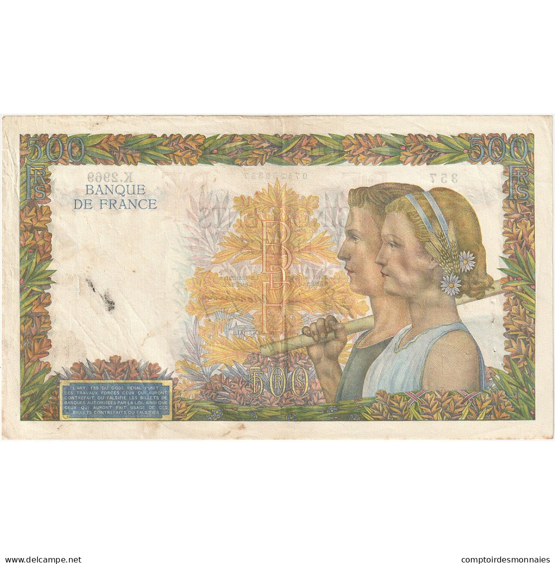 France, 500 Francs, La Paix, 1941, K.2969, TTB, Fayette:32.17, KM:95b - 500 F 1940-1944 ''La Paix''