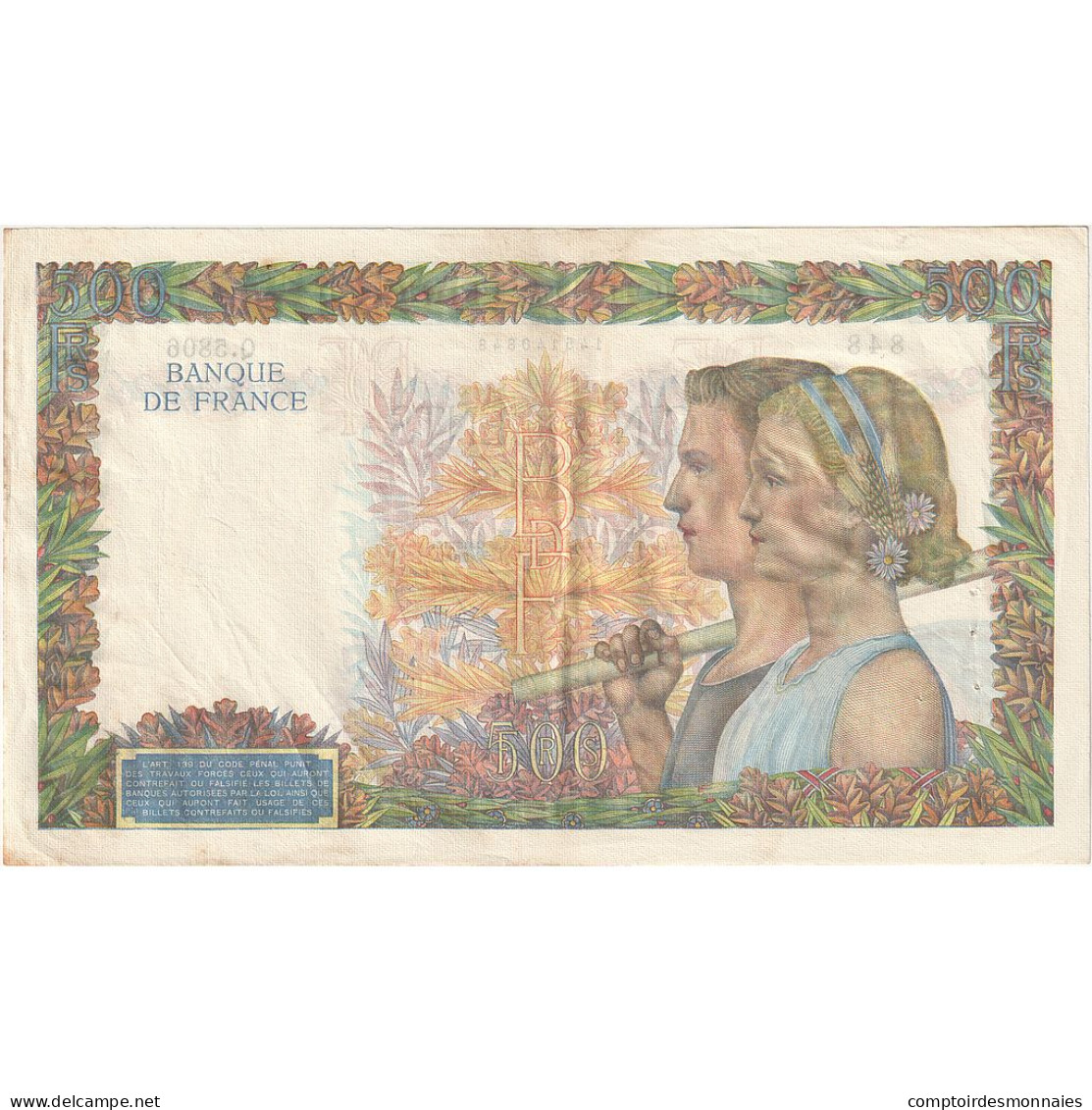 France, 500 Francs, La Paix, 1942, Q.5806, TTB, Fayette:32.34, KM:95b - 500 F 1940-1944 ''La Paix''