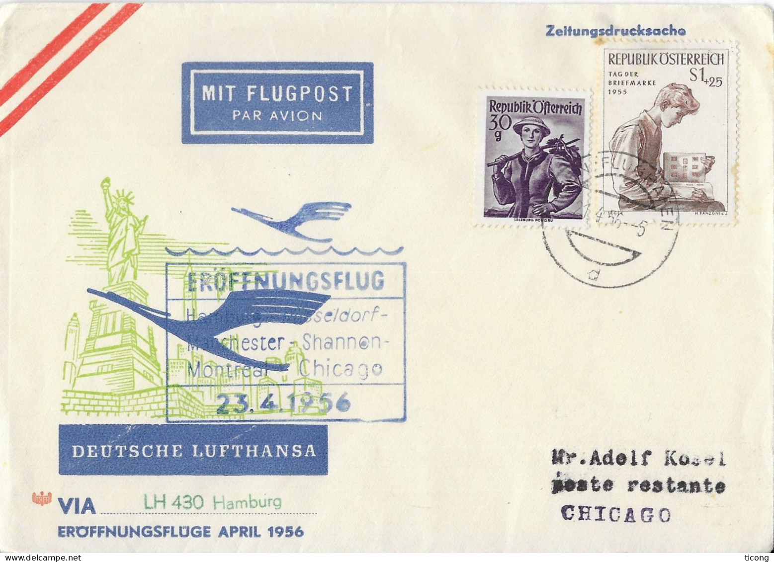 AUTRICHE VOL EROFFNUNGSFLUG HAMBOURG - DUSSELDORF - MANCHESTER - SHANNON - MONTREAL - CHICAGO - 23 04 1956 LUFTHANSA - Sonstige & Ohne Zuordnung