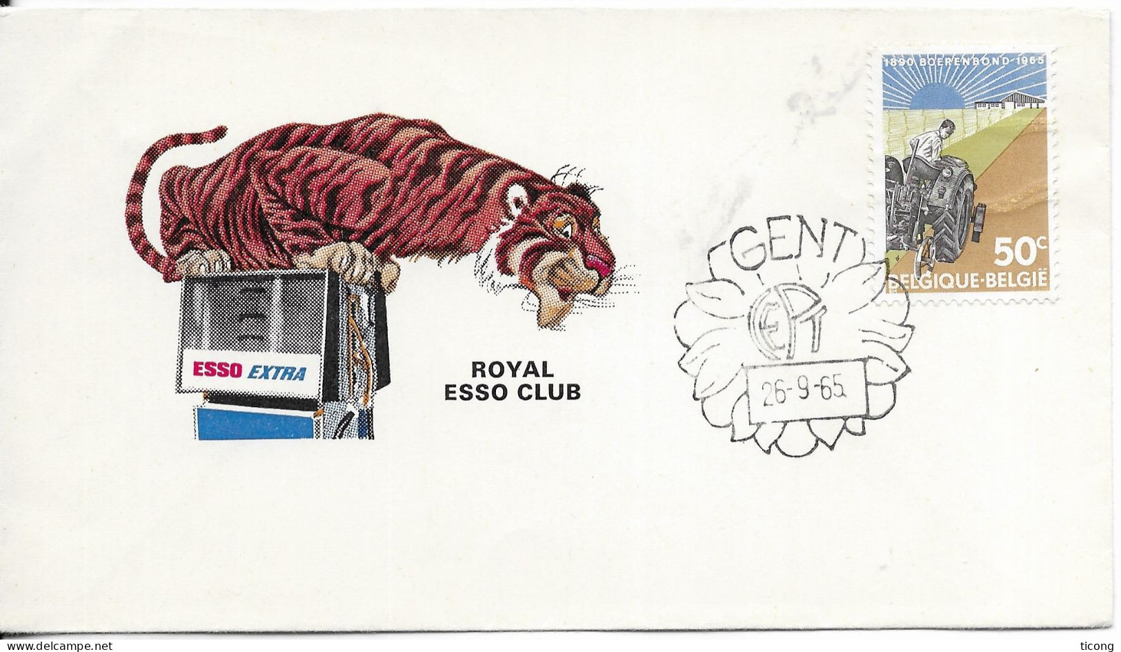 PUBLICITE ESSO POMPE A ESSENCE ET TIGRE - ROYAL ESSO CLUB GENT 1965 - TIMBRE TRACTEUR BELGIQUE - VOIR LE SCANNER - Pétrole