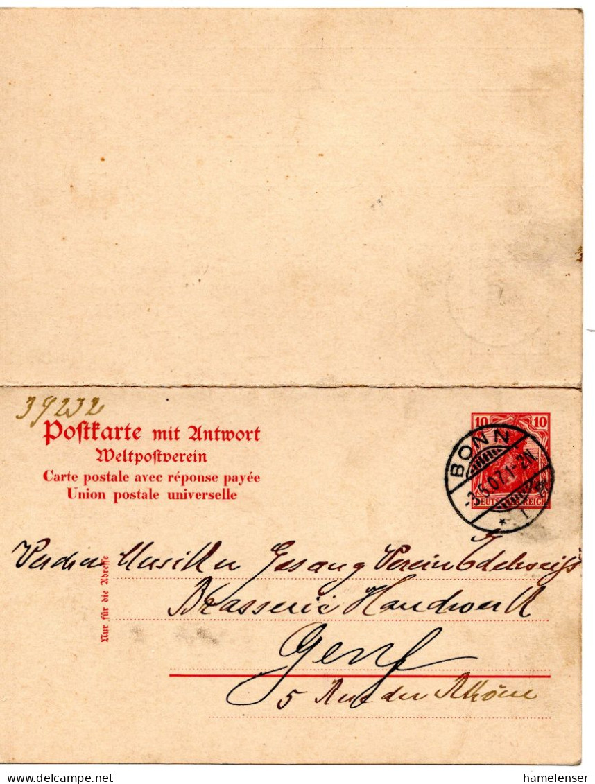 62043 - Deutsches Reich - 1907 - 10Pfg Germania GAAntwKte (kpl!) BONN -> Schweiz - Covers & Documents