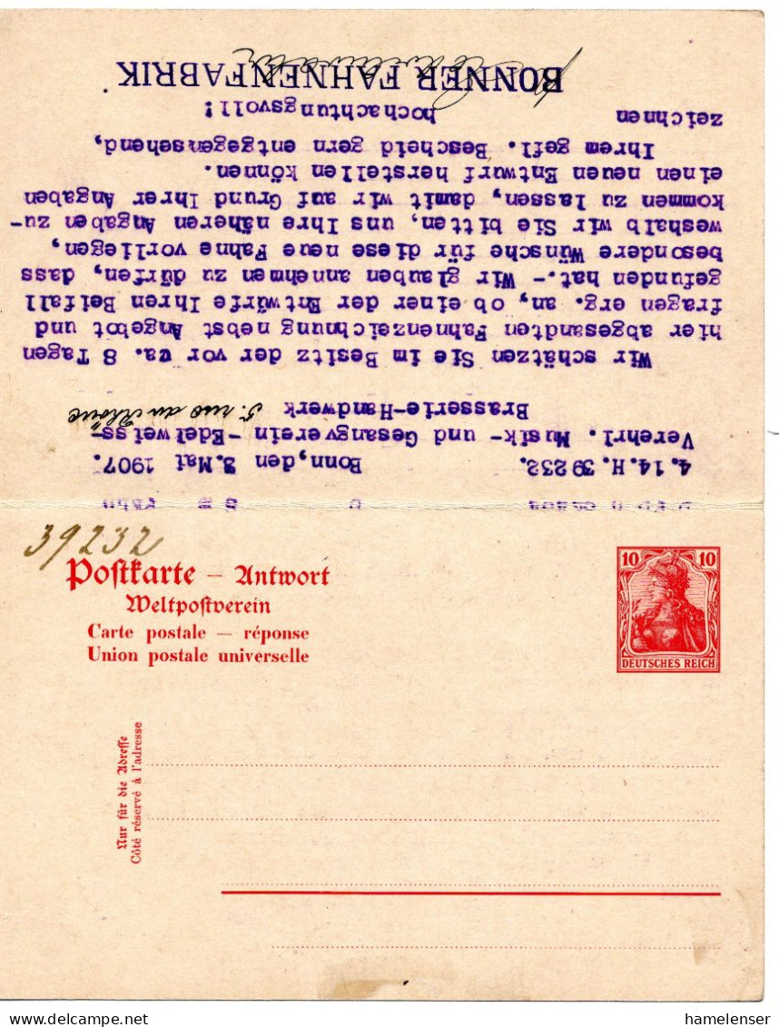 62043 - Deutsches Reich - 1907 - 10Pfg Germania GAAntwKte (kpl!) BONN -> Schweiz - Briefe U. Dokumente