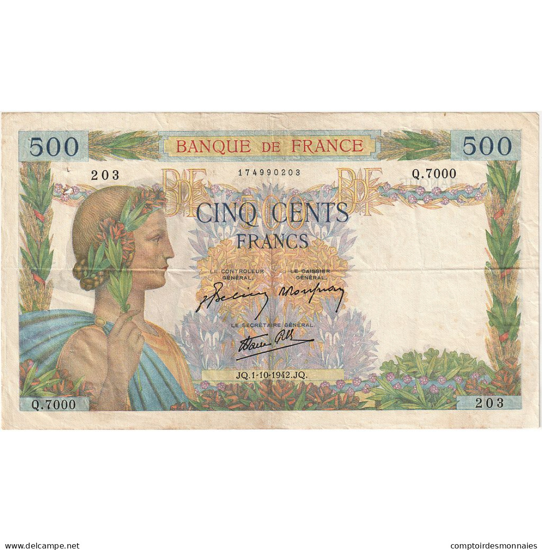 France, 500 Francs, La Paix, 1942, Q.7000, TTB, Fayette:32.41, KM:95b - 500 F 1940-1944 ''La Paix''