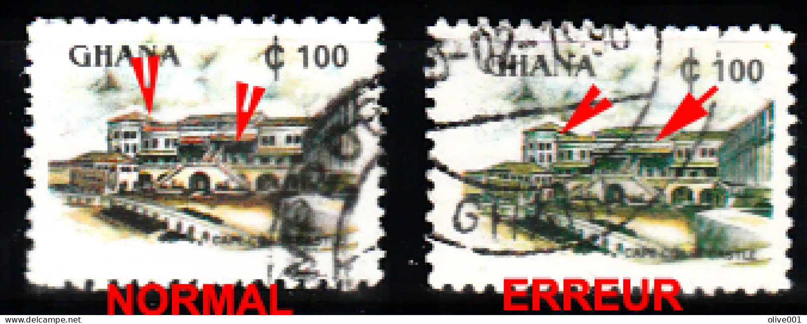 Ghana - Série Châteaux Et Forts Du Ghana - Erreur - Error - Manque Couleur Rouge - Tp Oblitéré (normal - Variété). - Ghana (1957-...)