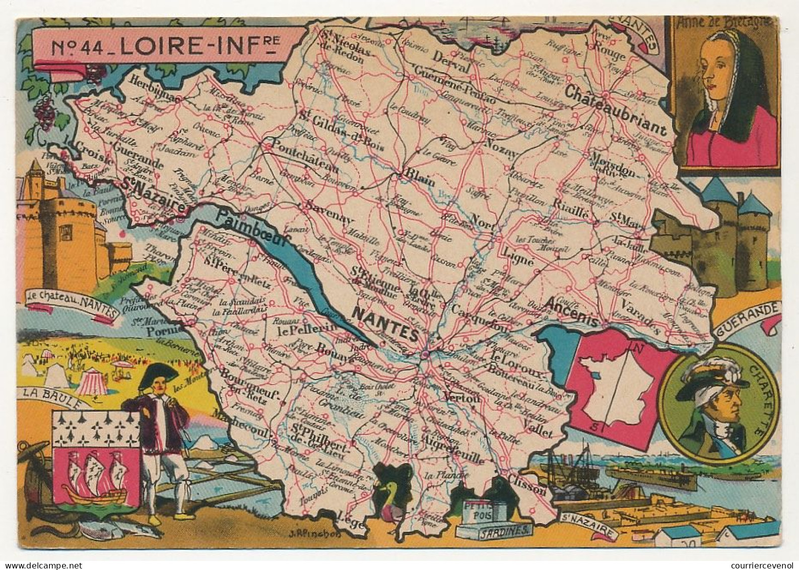 CPSM - LOIRE-INFÉRIEURE  - Carte Du Département De Loire Inférieure - Blondel La Rougery édit. - 1945 - Autres & Non Classés