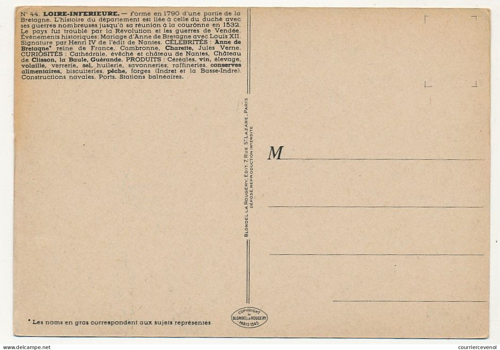 CPSM - LOIRE-INFÉRIEURE  - Carte Du Département De Loire Inférieure - Blondel La Rougery édit. - 1945 - Autres & Non Classés