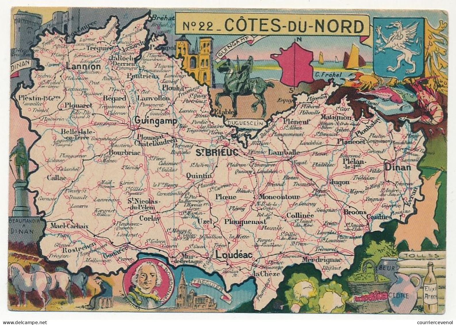 CPSM - CÔTES-DU-NORD  - Carte Du Département Des Côtes Du Nord - Blondel La Rougery édit. - 1945 - Autres & Non Classés