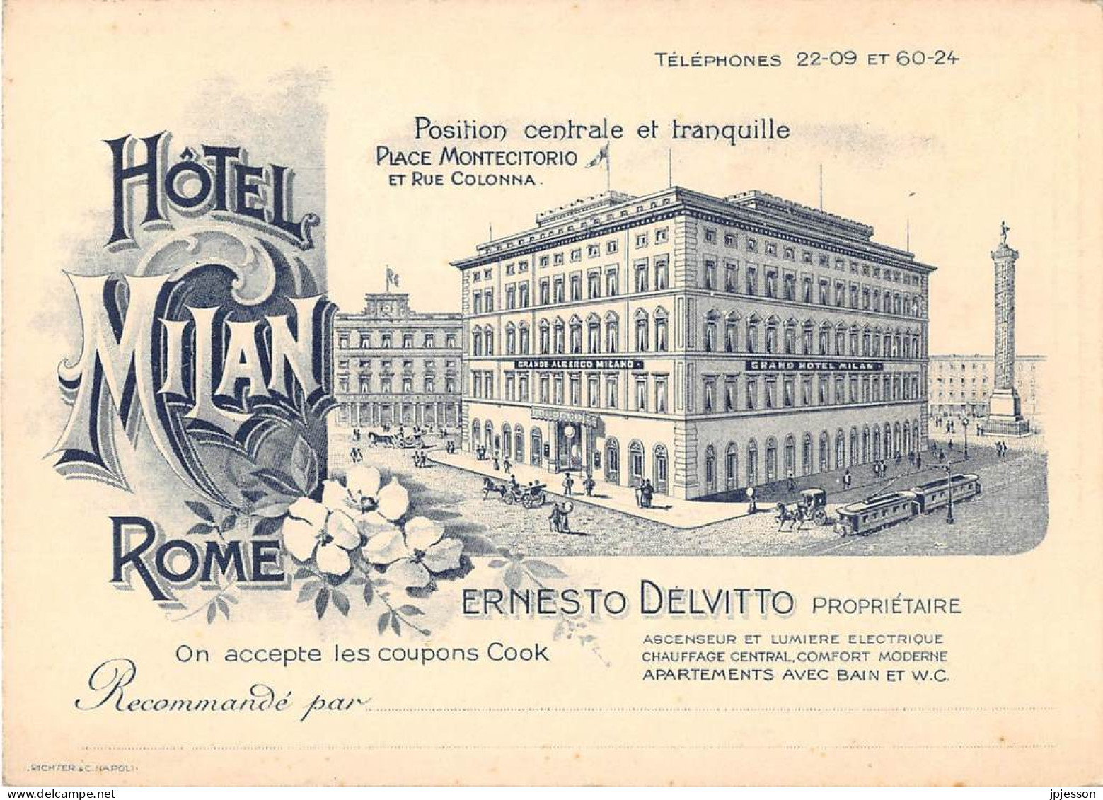 LAZIO - ROME - HOTEL MILAN - ERNESTO DELVITTO, PROPRIETAIRE - CARTE DESSINEE, ILLUSTRATEUR - PUBLICITE - Bares, Hoteles Y Restaurantes