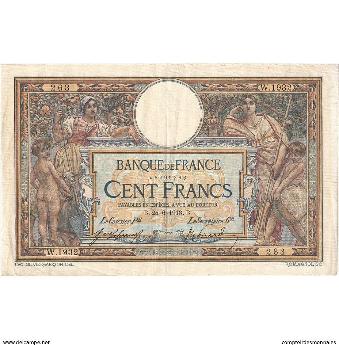 France, 100 Francs, Luc Olivier Merson, 1913, W.1932, SUP, Fayette:23.05, KM:71a - 100 F 1908-1939 ''Luc Olivier Merson''
