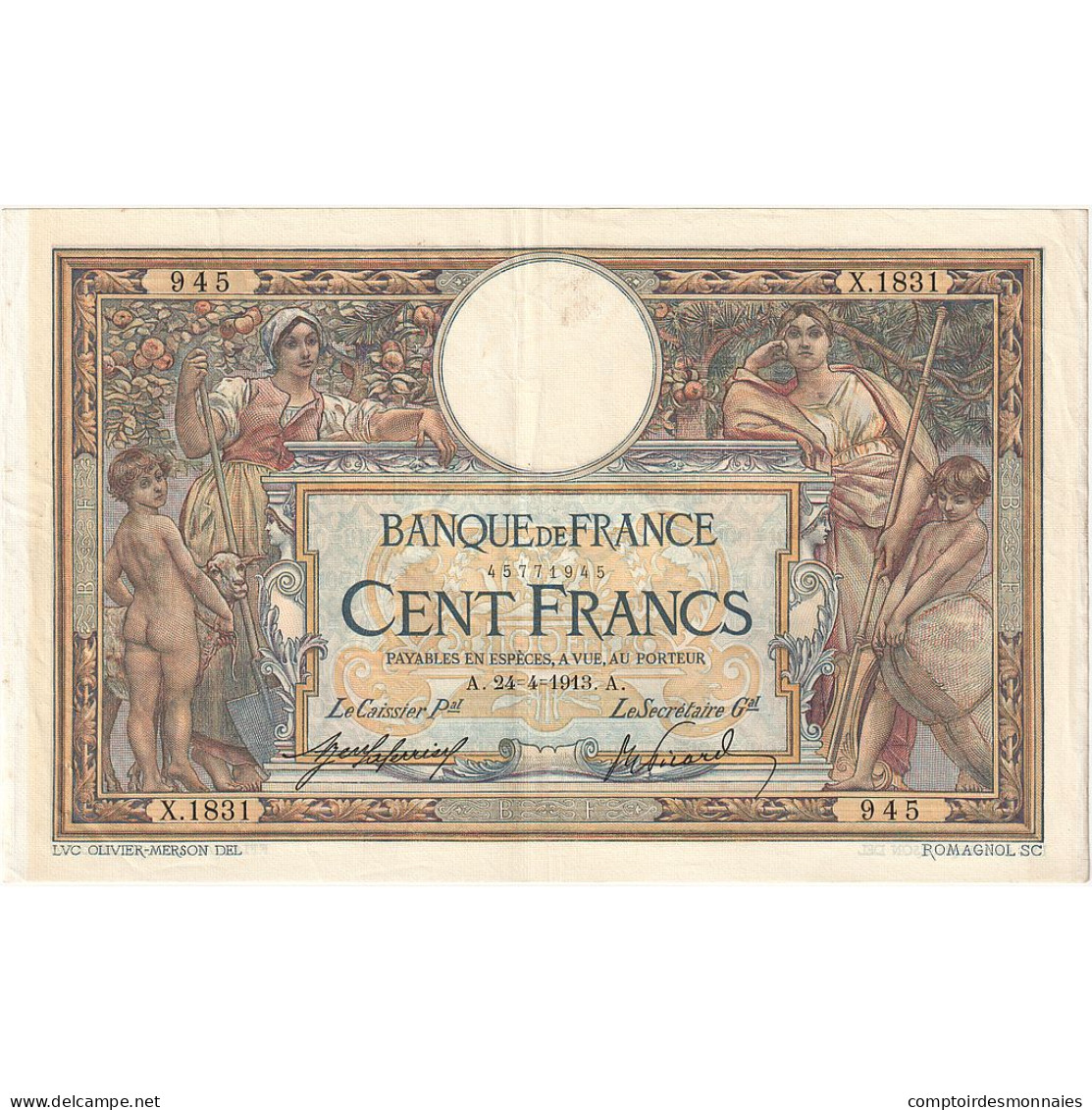France, 100 Francs, Luc Olivier Merson, 1913, X.1831, SUP+, Fayette:23.05 - 100 F 1908-1939 ''Luc Olivier Merson''