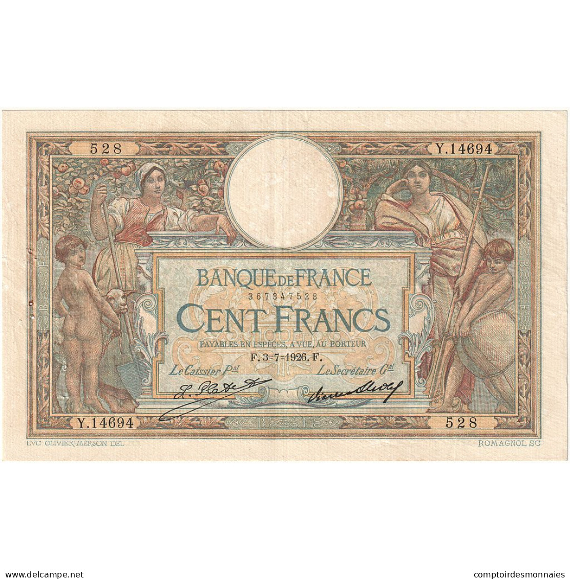 France, 100 Francs, Luc Olivier Merson, 1926, Y.14694, TTB, Fayette:24.5, KM:78b - 100 F 1908-1939 ''Luc Olivier Merson''