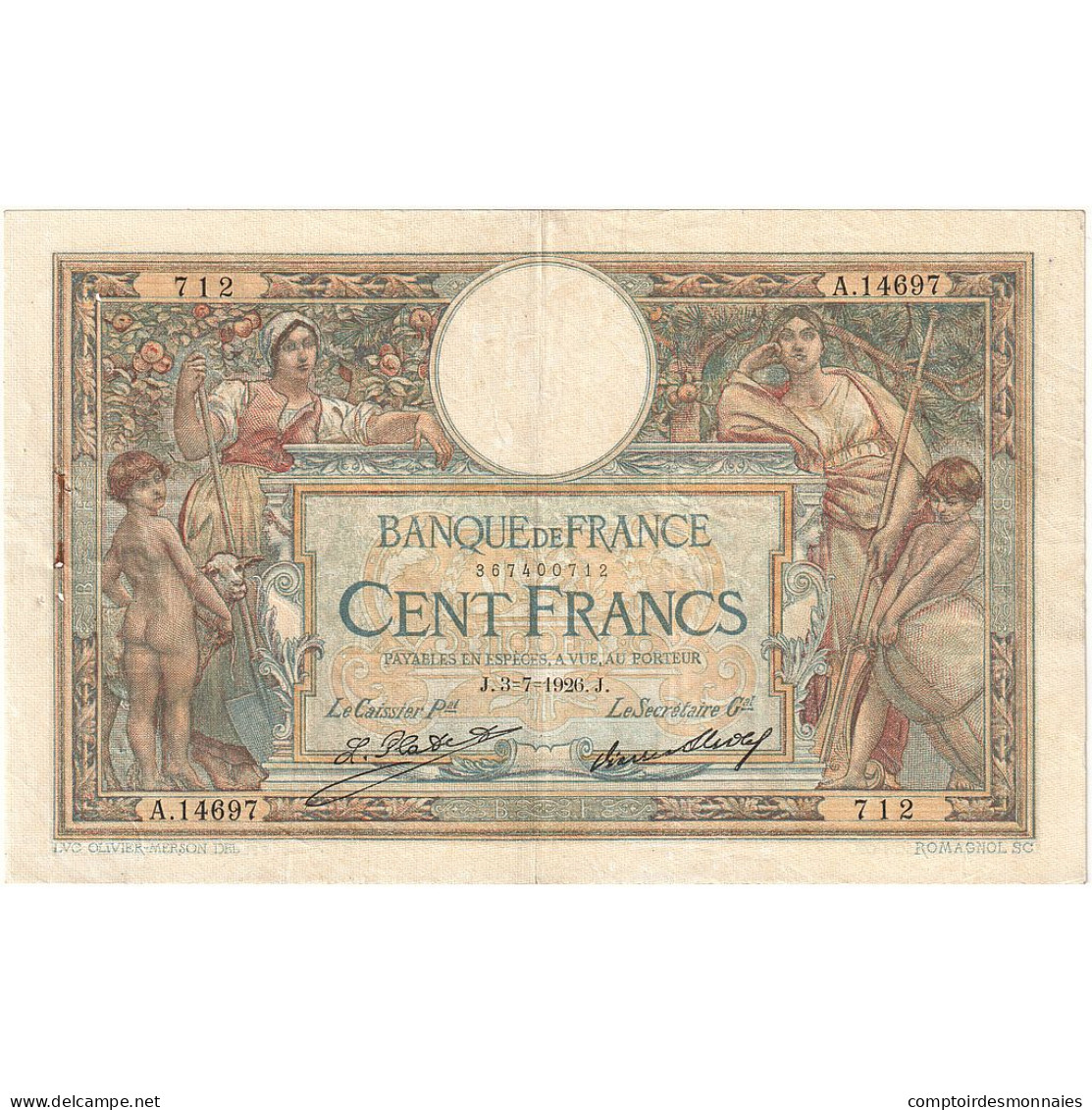 France, 100 Francs, Luc Olivier Merson, 1926, A.14697, TTB, Fayette:24.5, KM:78b - 100 F 1908-1939 ''Luc Olivier Merson''