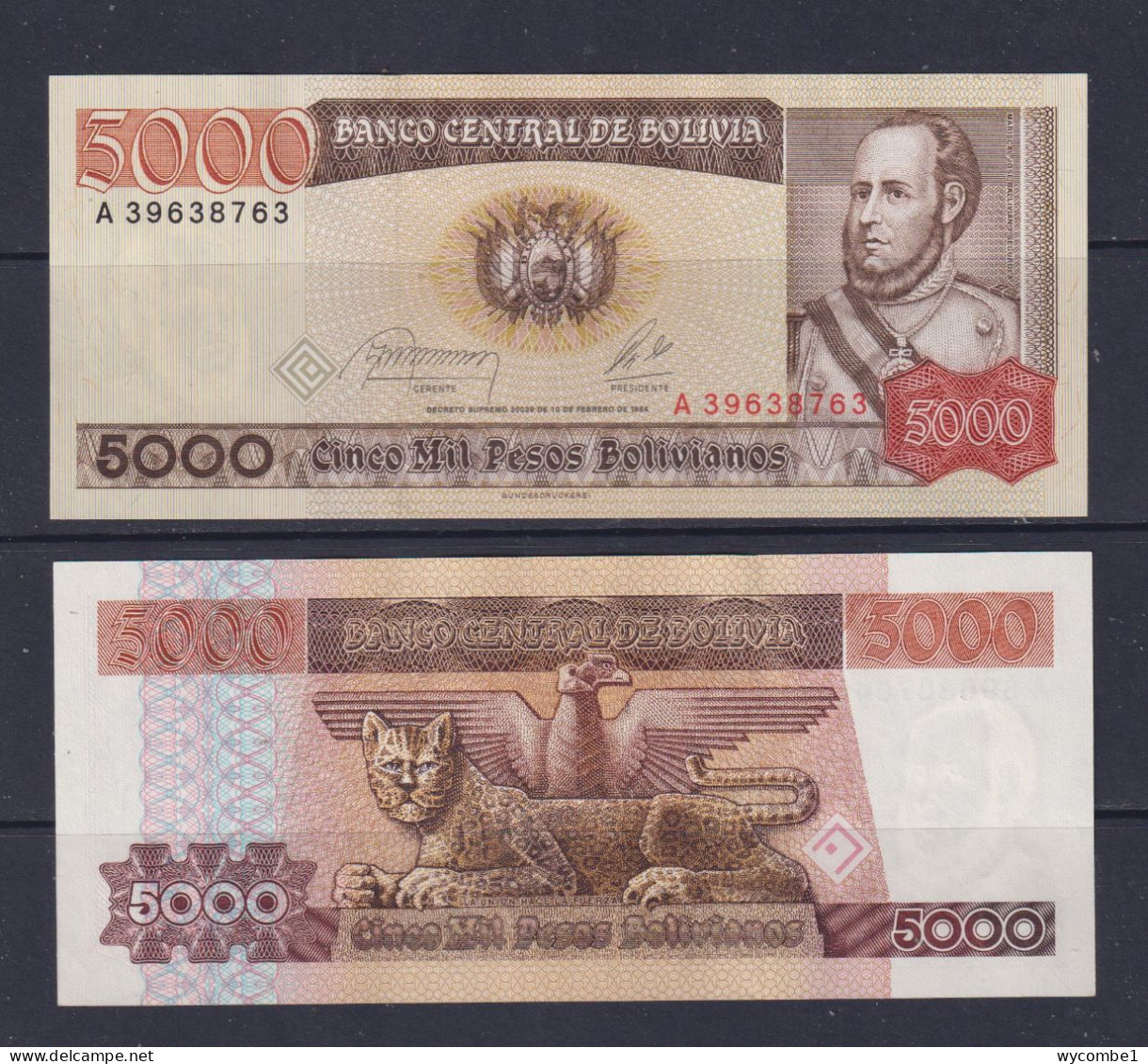 BOLIVIA -  1984 5000 Bolivianos UNC/aUNC  Banknote - Bolivie