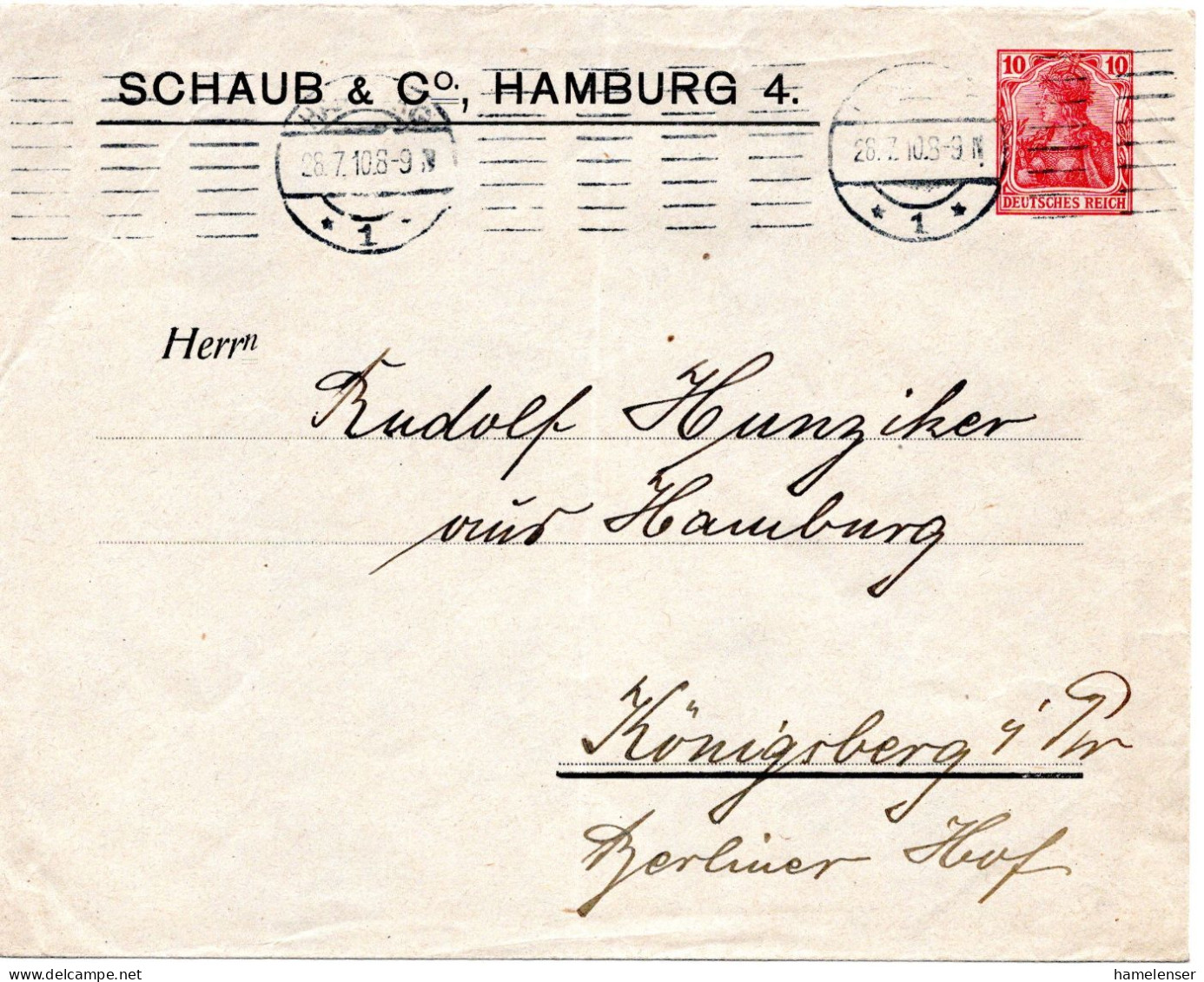 62077 - Deutsches Reich - 1910 - 10Pfg Germania PGAUmschlag "Schaub / Hamburg" HAMBURG -> Koenigsberg, Le Senkr Bug - Briefe