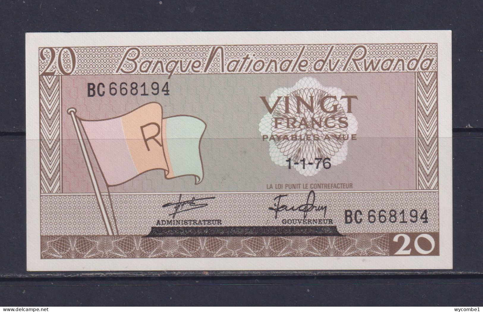 RWANDA -  1976 20 Francs UNC/aUNC  Banknote - Ruanda