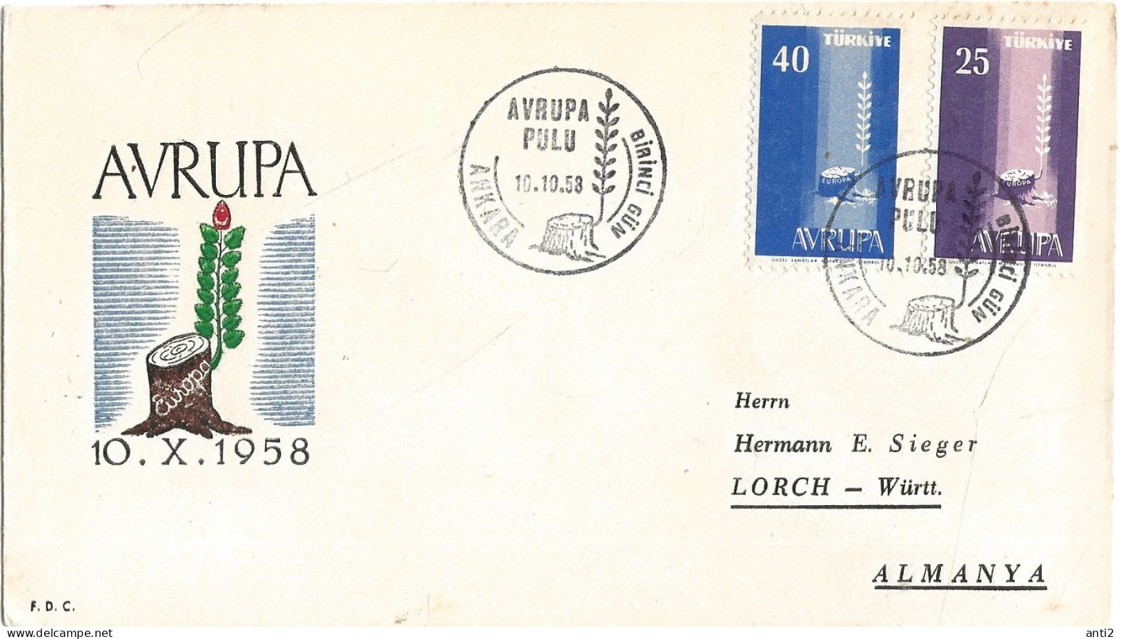 Turkey 1958 Europa, Tree Stump With New Shoot, Inscription "AVRUPA" (Europe), Mi 1610-1611, FDC - Covers & Documents