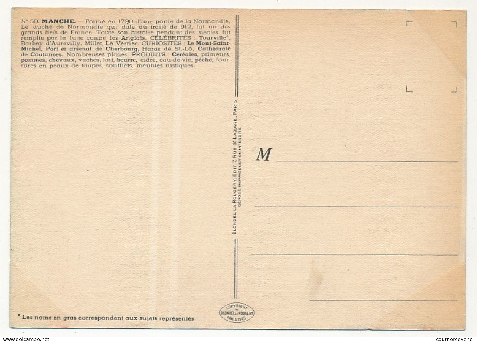 CPSM - MANCHE - Carte Du Département De La Manche - Blondel La Rougery édit. - 1945 - Sonstige & Ohne Zuordnung