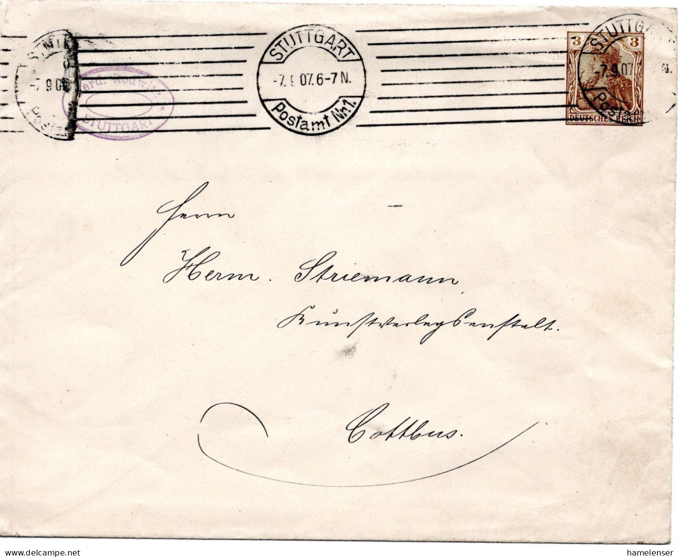 62084 - Deutsches Reich - 1907 - 3Pfg PGAUmschlag STUTTGART -> Cottbus - Briefe