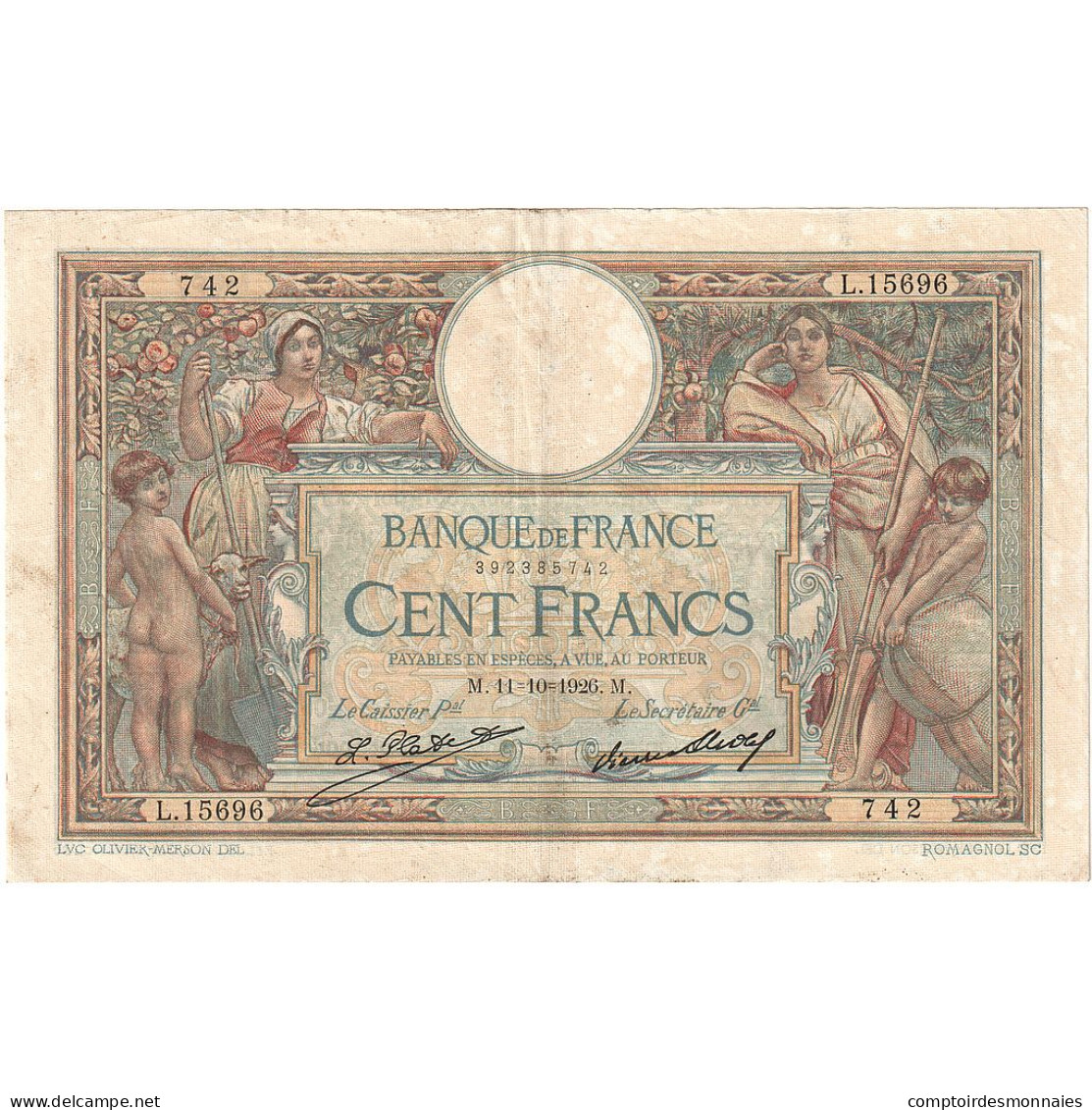 France, 100 Francs, Luc Olivier Merson, 1926, L.15696, TTB, Fayette:24.5, KM:78b - 100 F 1908-1939 ''Luc Olivier Merson''