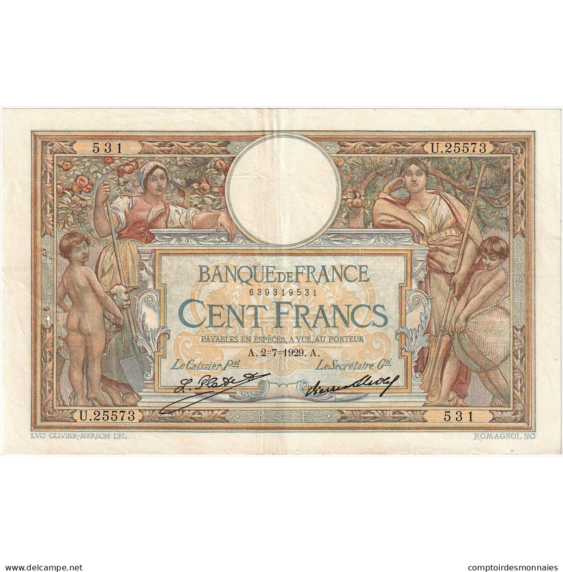 France, 100 Francs, Luc Olivier Merson, 1929, U.25573, TTB+, Fayette:24.08 - 100 F 1908-1939 ''Luc Olivier Merson''
