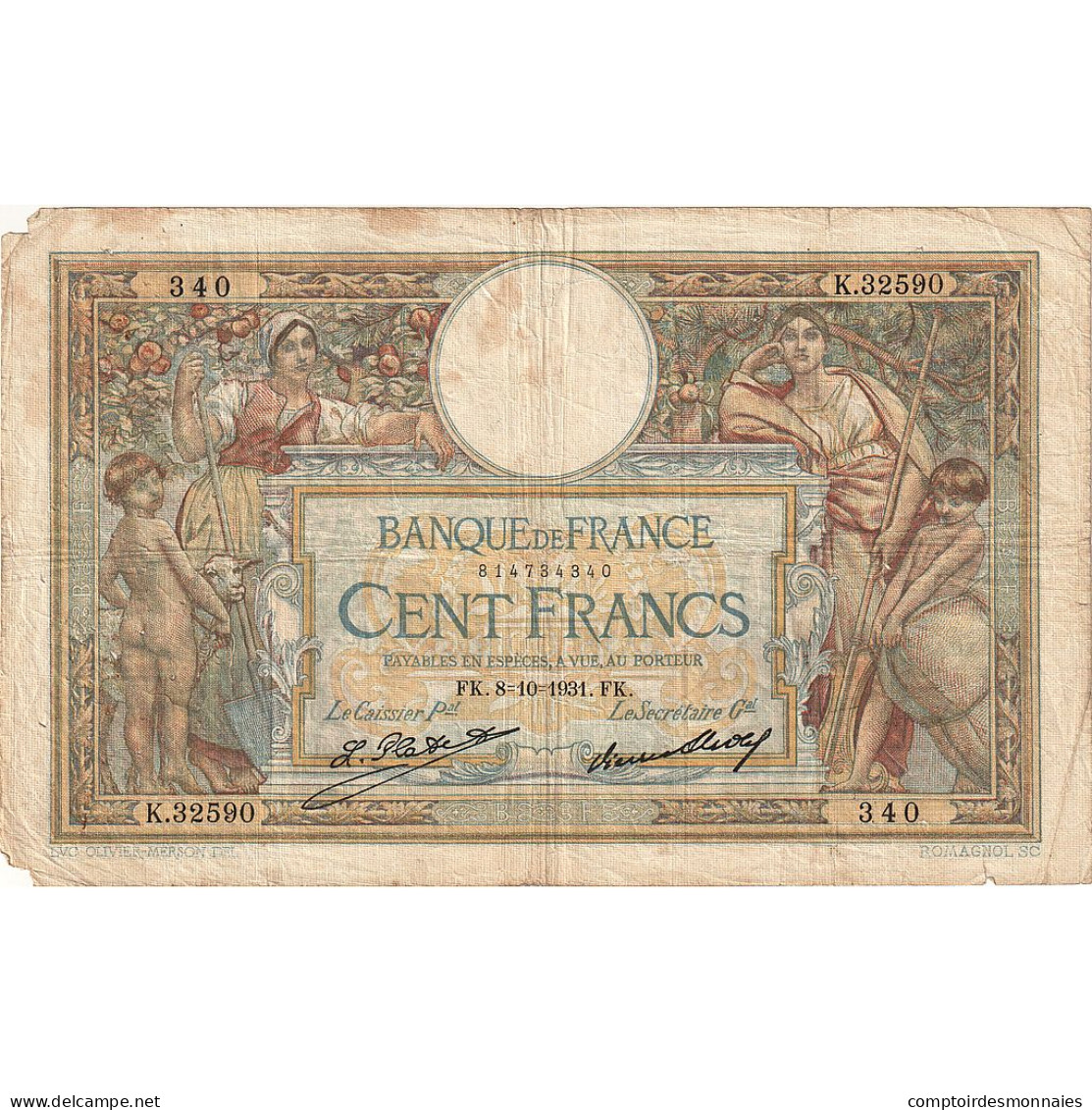 France, 100 Francs, Luc Olivier Merson, 1931, K.32590, TB, Fayette:24.10, KM:78b - 100 F 1908-1939 ''Luc Olivier Merson''