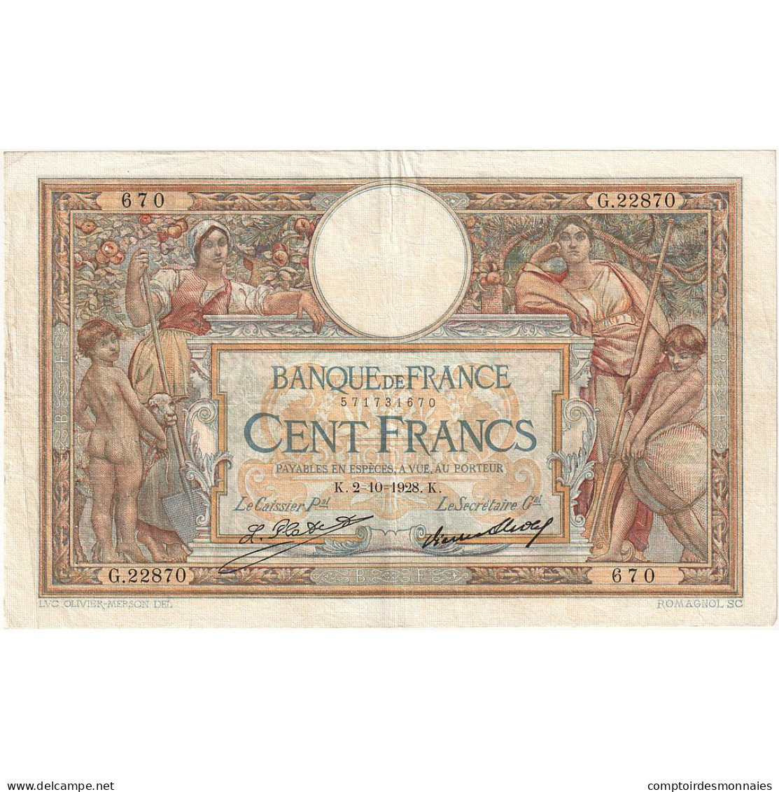 France, 100 Francs, Luc Olivier Merson, 1928, G.22870, TTB, Fayette:24.7, KM:78b - 100 F 1908-1939 ''Luc Olivier Merson''