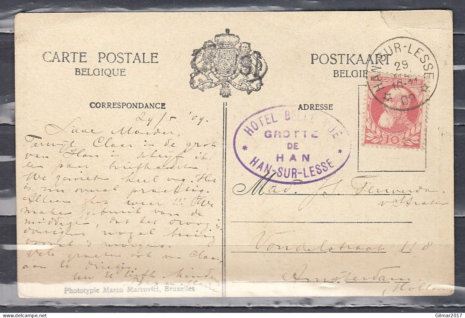 Postkaart Van Han-Sur-Lesse (sterstempel) Naar Amsterdam (Nederland) - Postmarks With Stars