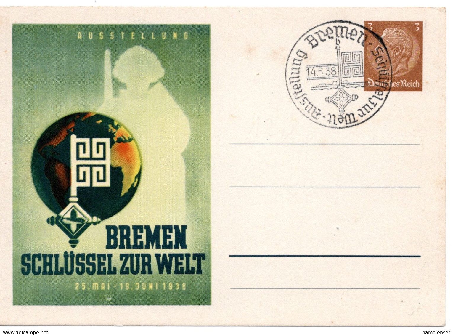 62094 - Deutsches Reich - 1938 - 3Pfg Hindenburg PGAKte "Bremen" M SoStpl BREMEN - AUSSTELLUNG SCHLUESSEL ZUR WELT - Private Postwaardestukken