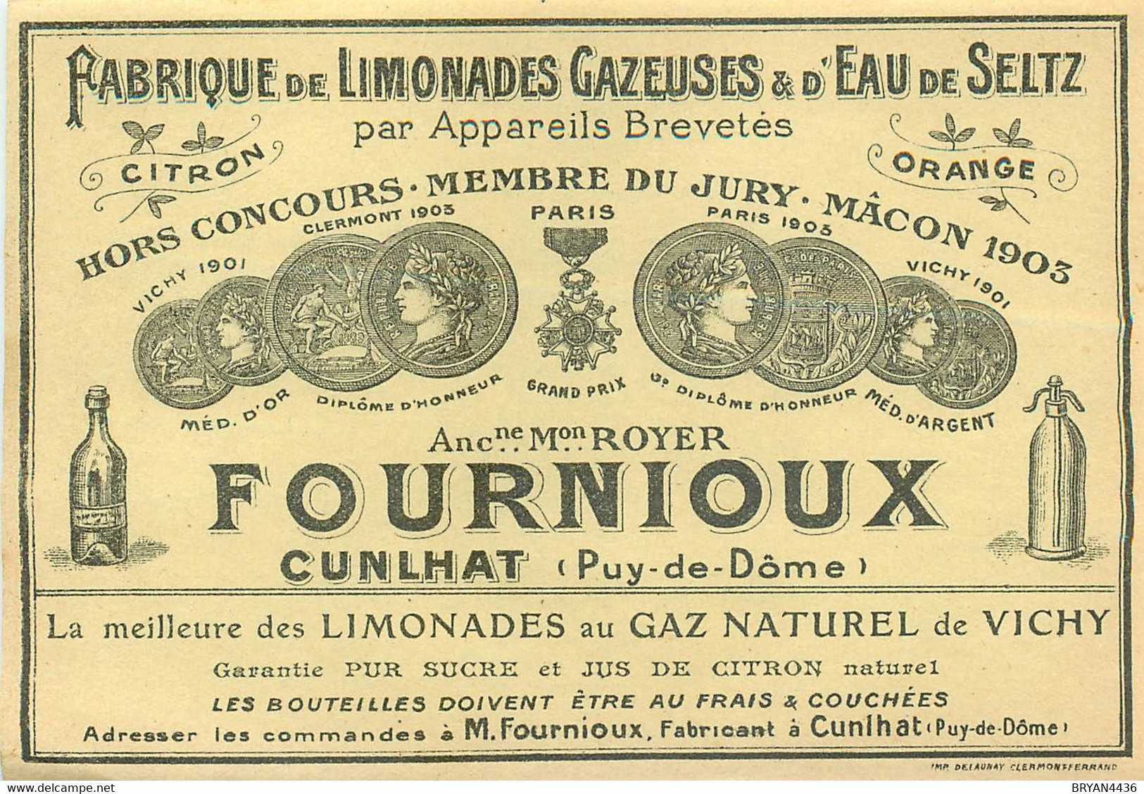 63 - CUNLHAT  - MAISON "FOURNIOUX" - FABRIQUE DE LIMONADE - ETIQUETTE ANCIENNE (9 X 13,2 Cm) - Cunlhat