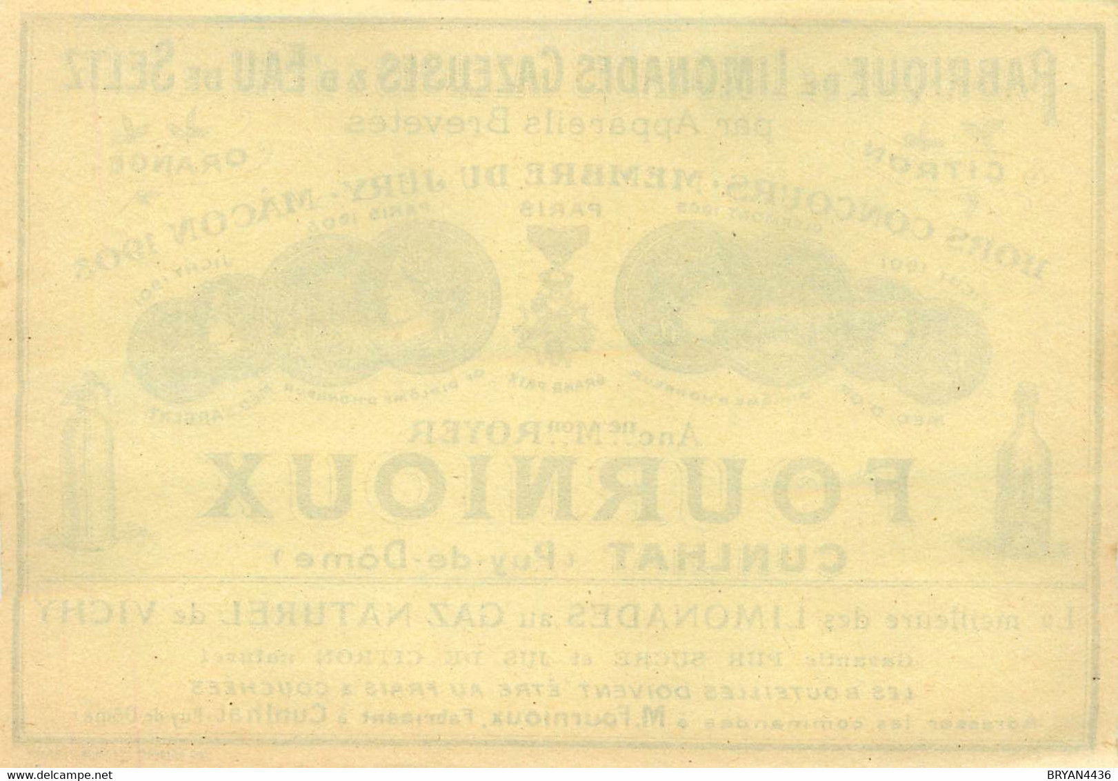 63 - CUNLHAT  - MAISON "FOURNIOUX" - FABRIQUE DE LIMONADE - ETIQUETTE ANCIENNE (9 X 13,2 Cm) - Cunlhat