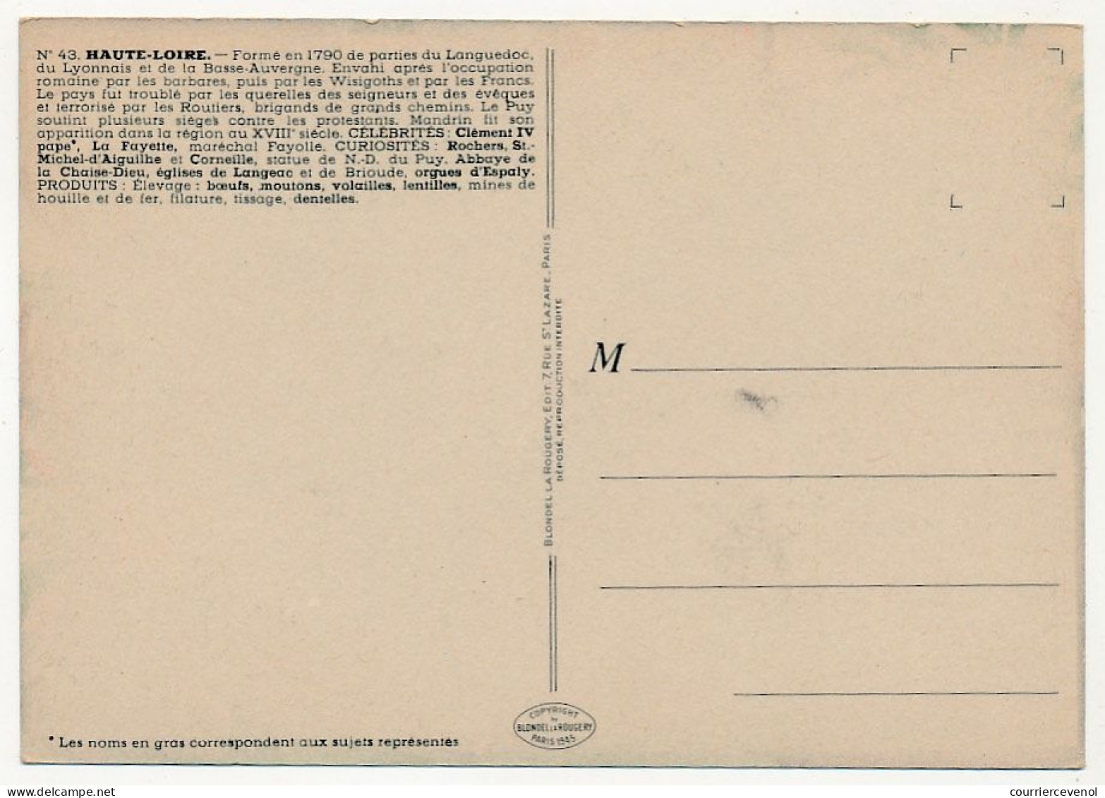 CPSM - HAUTE-LOIRE - Carte Du Département De Haute-Loire - Blondel La Rougery édit. - 1945 - Autres & Non Classés