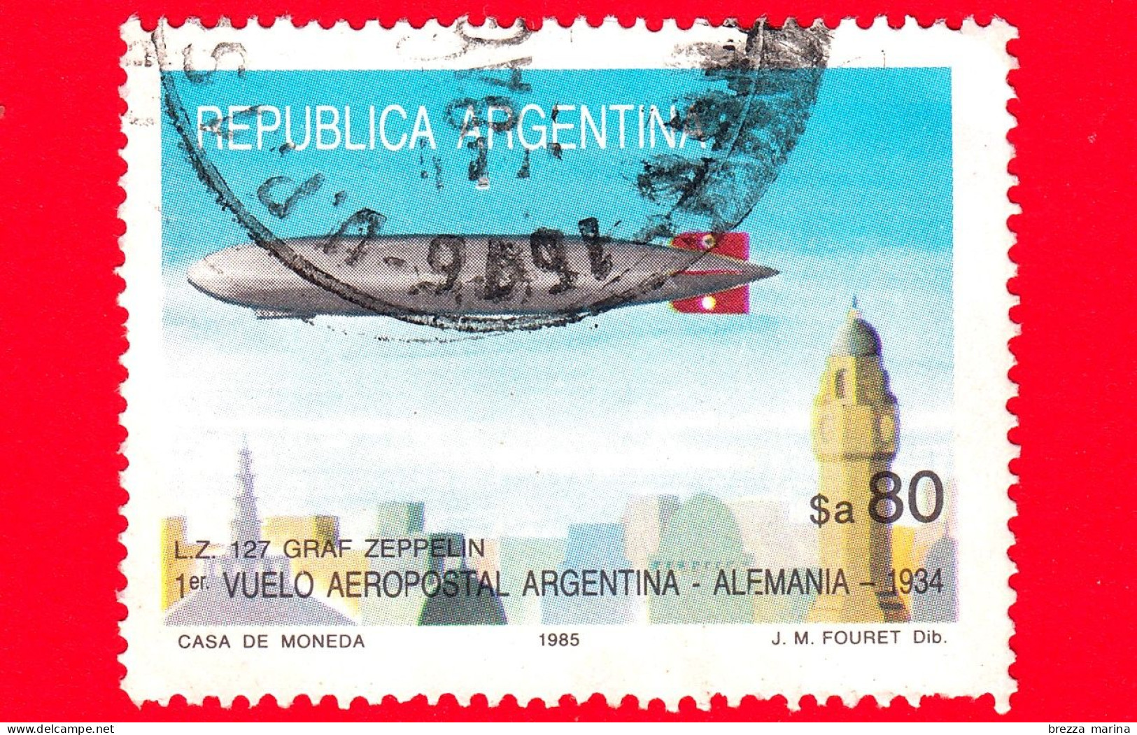 ARGENTINA - Usato -  1985 - Aerei - Primo Volo Argentina - Germania - L-Z 127 Graf Zeppelin - 80 - Oblitérés